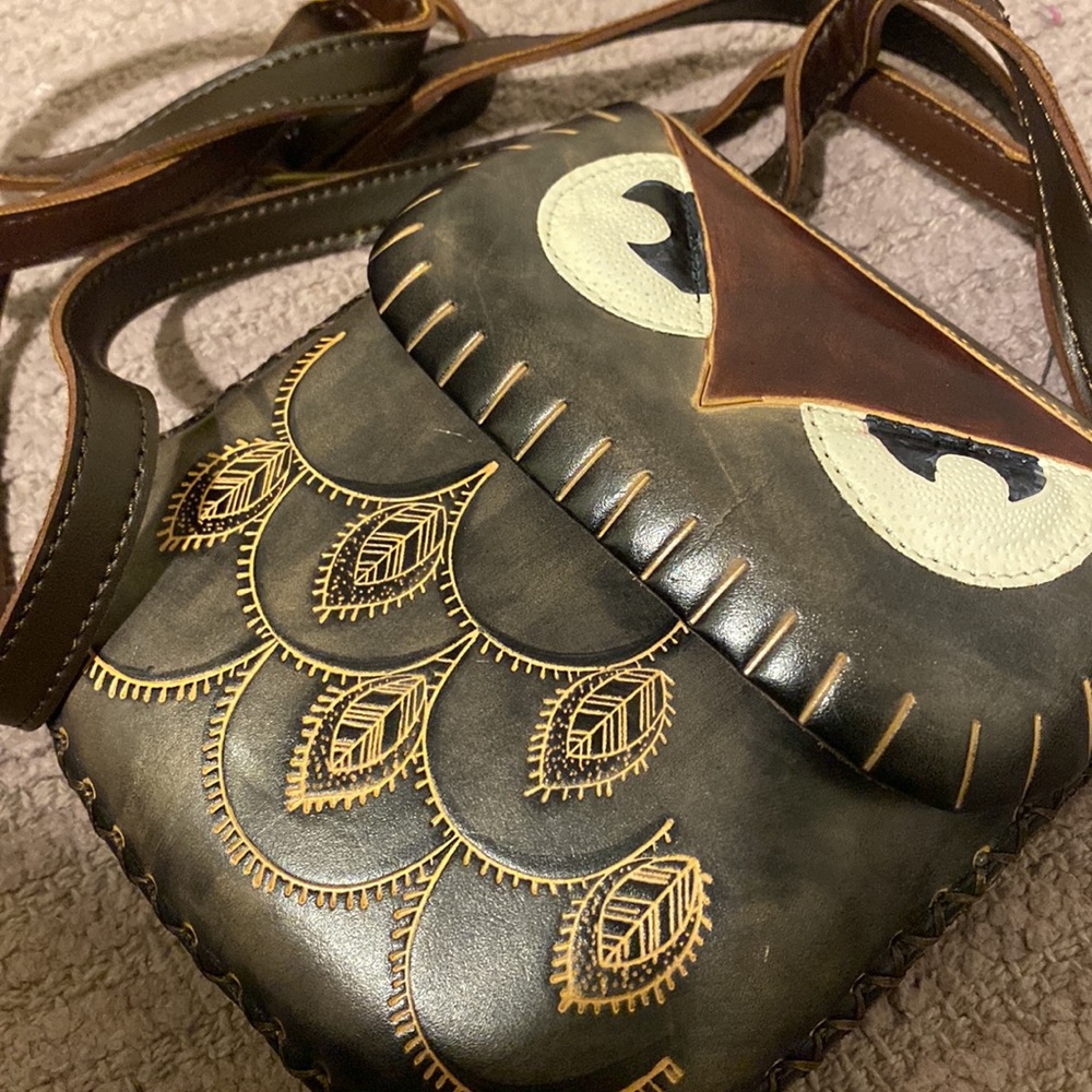 Handcrafted genuine mini leather owl crossbody purse
